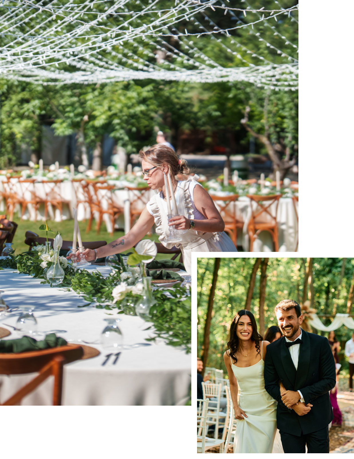 Outdoor wedding reception setup with greenery
