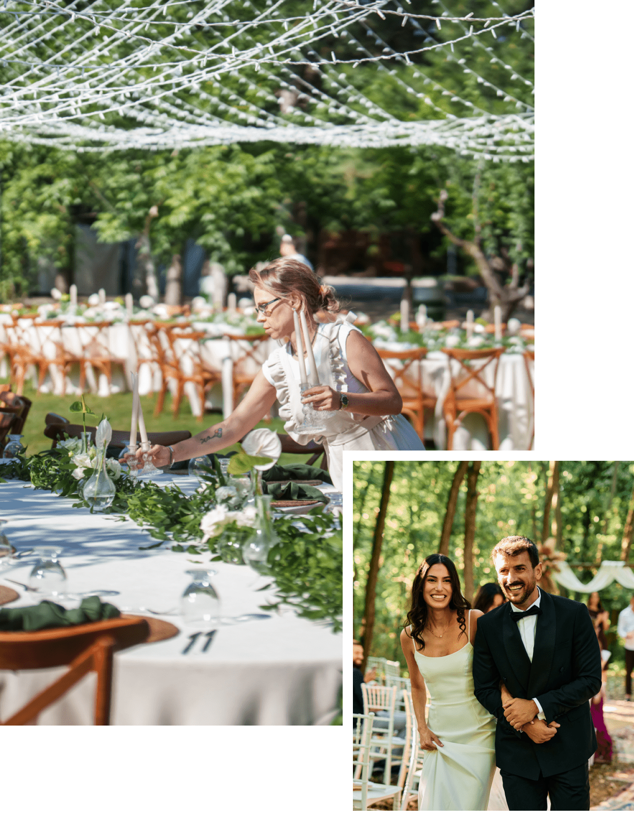 Outdoor wedding reception setup with greenery
